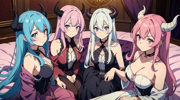 3 demon girls, girls with different hair colors and horns, girls in dresses, young and beautiful, royal sister, young anime people, anime moe art style, watching audience, close-up, seductive expressions, rich colors, in luxurious villas, lying on the bed,...