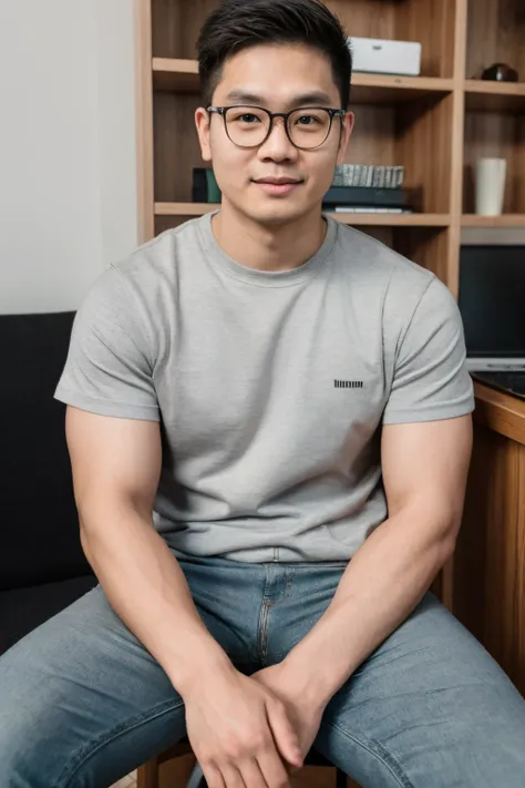 Andrew thomas huang, oval face, eyeglasses, neat muscular body, sitting, grey shirt, brown jeans, green sneakers, laptop, minimalis office