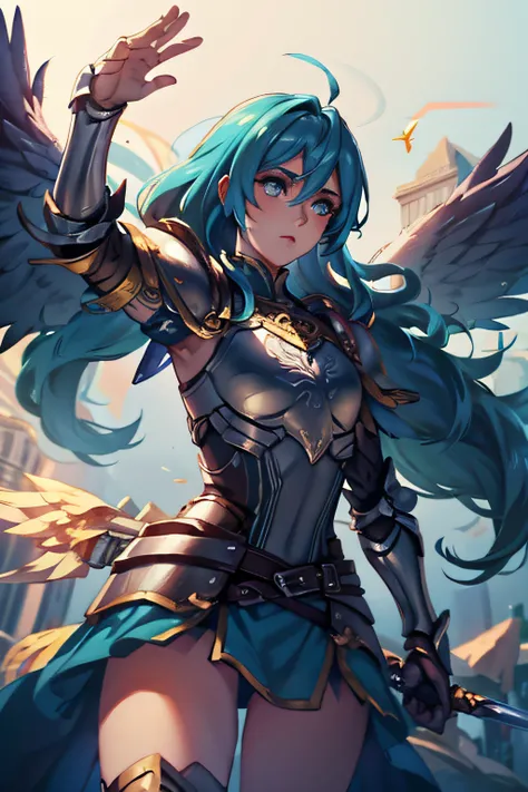 1 boy, Valkyrie, warrior, wielding a sword, wings, fire magic, wearing armor, flat chest, (androgynous 1.5), wielding a shield, blue hair, green eyes, brown wings, long hair