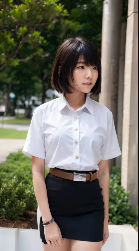 girl, asian, white_shirt, short sleeves, black_skirt, shirt_tucked_in, brown_belt, standing, transparent clothes