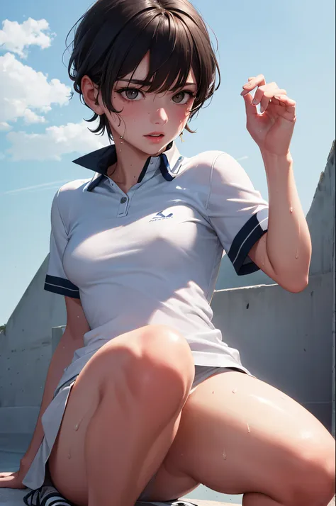 1girl, solo, white polo shirt, white sneakers, tennis wear, white miniskirt, masterpiece, best quality, realistic, hyper-detailed, (shiny skin, sweaty:1.4), absurd, looking at viewer, short black hair, brown eyes, slender, dynamic lighting, high resolution...