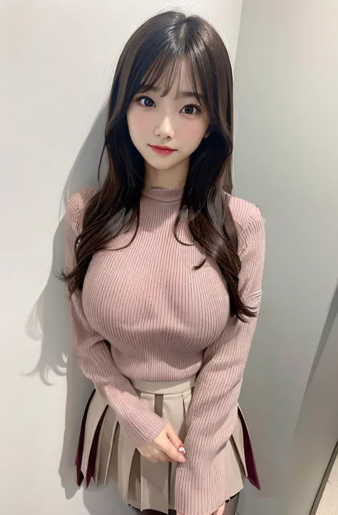 huge tit、g-cup、Wearing a burgundy turtleneck knit with long sleeves、wearing a brown pleated skirt