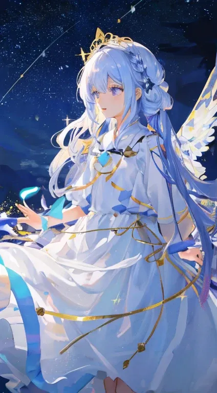 masutepiece, Best Quality,hight resolution, 1girll, long_white_hair,(美丽的面容)、 Stars in the eyes, toView_through, ((Sparkling dazzling lighting)), (Luminous), detailed shadow, meteors, Stars, milkyway, Starcloud, woman in white dress with wings, messy floati...