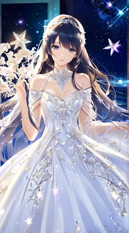 (top-quality, ​masterpiece, hight resolution), ((Fantastical))、There is a dress on a mannequin stand with light、(Detailed face)，(美丽的面容)、Beautiful hair、Starry sky adorns hair, Stars in the eyes,  translucent  dress, white royal dress, Elegant white dress, f...