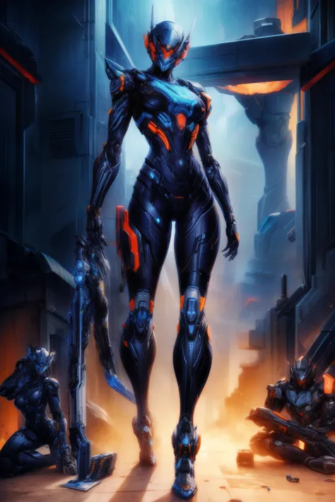 Put on the robot suit, Mechanical Wonder, cyber punk personage, cybernetic guardians, futuristic armor, Full body lesbian, front poses, RHAD, iintricate (Steel metal [rust]), Unity, warframe style, Cyborg, Male body and armor, chainsawman