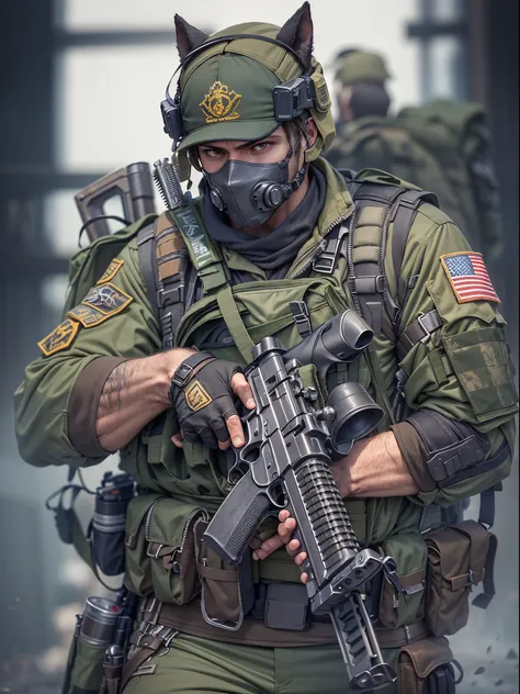 Mercenary, male focus, holding an assault rifle with two hands, load-bearing vest, ammunition belt, danger atmosphere, war zone