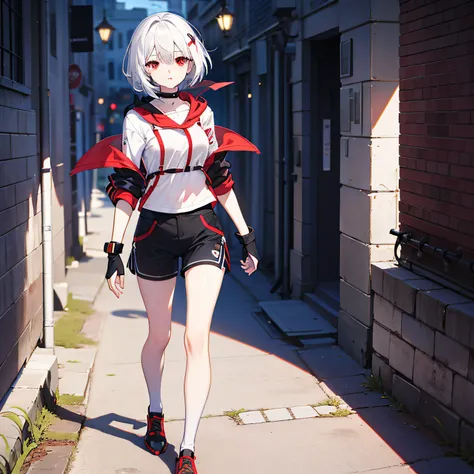 white color hair，Red Eyes，170，full body Esbian，sitted，nood，Medium and short hair，functional style clothing，shortpants，The upper part of the body，white backgrounid