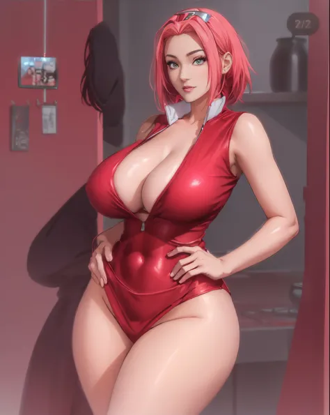 Mujer arafed en bikini rojo posando en una cocina., seductora chica de anime, Thicc, Hermosa y seductora mujer de anime, Oppai cyberpunk, Alena Aenami y Artgerm, [ Arte digital 4K ]!!, Proporciones OPPAI, RossDraw 1. 0, Estilo realista de anime 3D, Anime s...