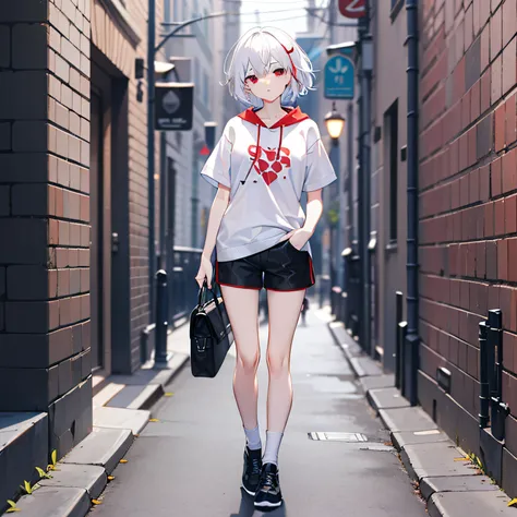 white color hair，Red Eyes，170，full body Esbian，sitted，nood，Medium and short hair，functional style clothing，shortpants，The upper part of the body，white backgrounid