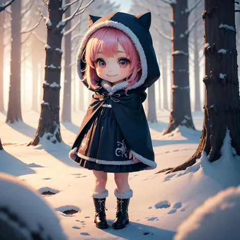 ​masterpiece、top-quality、ultra-detailliert、(Chibi Charas Daughter:1.2)、Blue Bob、fluffy hood cloak、flames from cami dress、Fluffy boots、magical winter forest、Unrealistic、Standing、A smile、