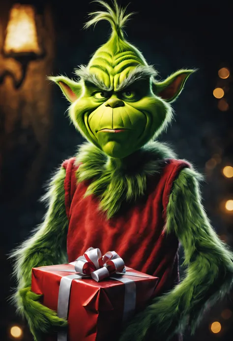 (a mean)Grinch,green fur and face,pointy ears,evil grin,long ugly fingers,carrying a sack of stolen presents,mysterious dark background,(best quality,highres),sinister lighting,gritty texture,enchanted snowy atmosphere,Christmas theme