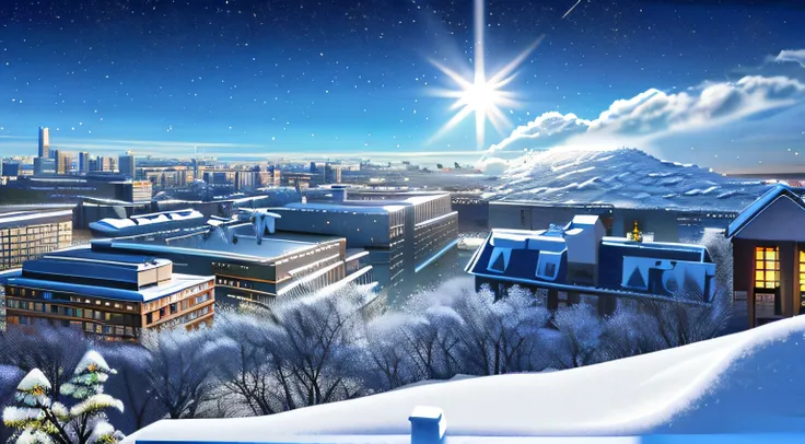 Scenery, City , Garden , floating Snow , Winter , Wind , Cloud , Blue sky , evening , shooting stars in the sky , Sun , Breeze