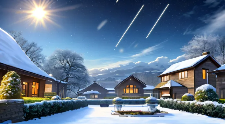 Scenery, City , Garden , floating Snow , Winter , Wind , Cloud , Blue sky , evening , shooting stars in the sky , Sun , Breeze