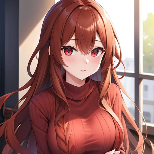 a woman with long light brown hair.., red eyes and brown sweater