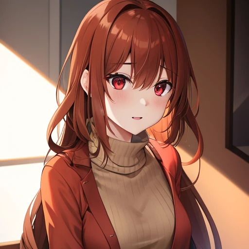 A woman with long light brown hair.., red eyes and brown sweater