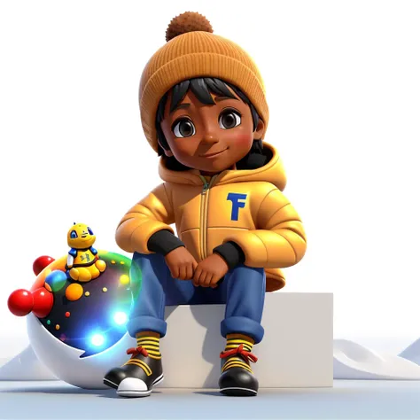 um ((menino 4 anos de idade)), ((pele morena clara)), vestindo um traje de inverno, intrincado, elegante, foco claro,  sentado em um banco coberto de neve, promotional render, animation character, official illustration, Personagem 3D, Personagem 3D, Foto d...