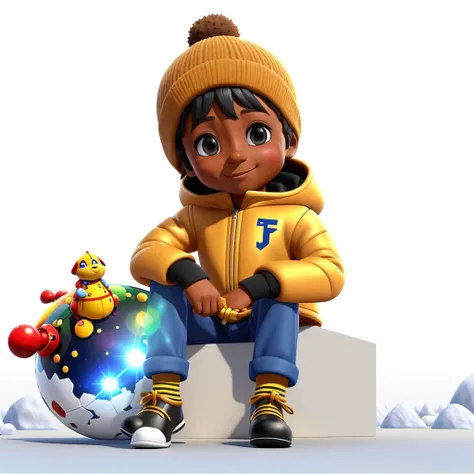 um ((menino 4 anos de idade)), ((pele morena clara)), vestindo um traje de inverno, intrincado, elegante, foco claro,  sentado em um banco coberto de neve, promotional render, animation character, official illustration, Personagem 3D, Personagem 3D, Foto d...