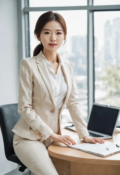 A Chinese lady sitting at the desk，Laptop in hand, Office clothes, business clothes, Sleek white skintight suit, Coveralls, female business-person, wearing business casual dress, women in office attire, elegant slim beige shirt, Business attire, Profession...