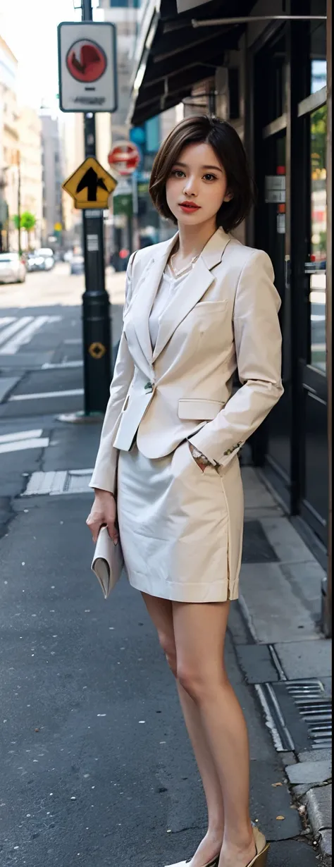 gentle and cute，Short hair details，Light color business suit，a skirt，Street in daytime background，younger female，face to the viewer，the street，Full body like