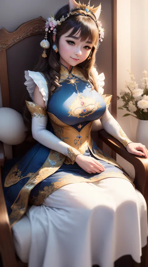 a beautiful  woman, (fairy queen:1.4) seated on a throne,(neko maid outfit:1.8) , s the perfect face, full bodyesbian, victorian age, Noble dress, complicated decoration, zauber, dices, Smiling, Place your arms behind your back, soft rim light, beautiful d...