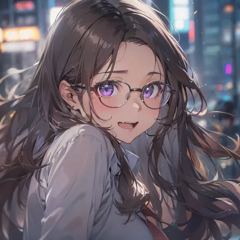 ​masterpiece、top-quality、(brown colored long hair:1.1)、25 year old woman with purple eyes、wears glasses、Wearing a gray suit、white  shirt、(flat breast:1.1)、(delighted expression:1.3)、(Staring:1.5)、(Close-up of the subjects face:1.3)、Place the camera on the ...