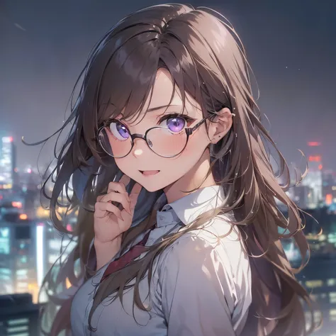 ​masterpiece、top-quality、(brown colored long hair:1.1)、25 year old woman with purple eyes、wears glasses、Wearing a gray suit、white  shirt、(flat breast:1.1)、(delighted expression:1.3)、(Staring:1.5)、(Close-up of the subjects face:1.3)、Place the camera on the ...