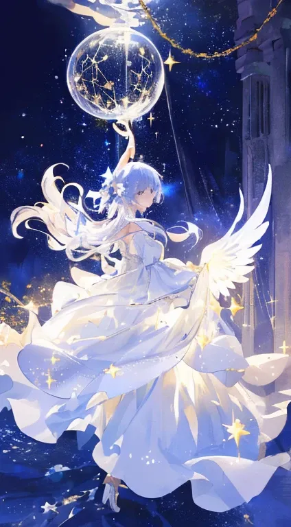 (top-quality, ​masterpiece, hight resolution), ((Fantastical))、1girll, woman in white dress with wings、(美丽的面容)、Beautiful hair、Colored inner hair, Starry sky adorns hair, Stars in the eyes,  translucent  dress, white royal dress, Elegant white dress, fantas...