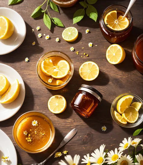 Honey and lemon, dripping honey, high quality, high resolution, yellow, daisy flowers, lemon, lemon blossom, transparent honey