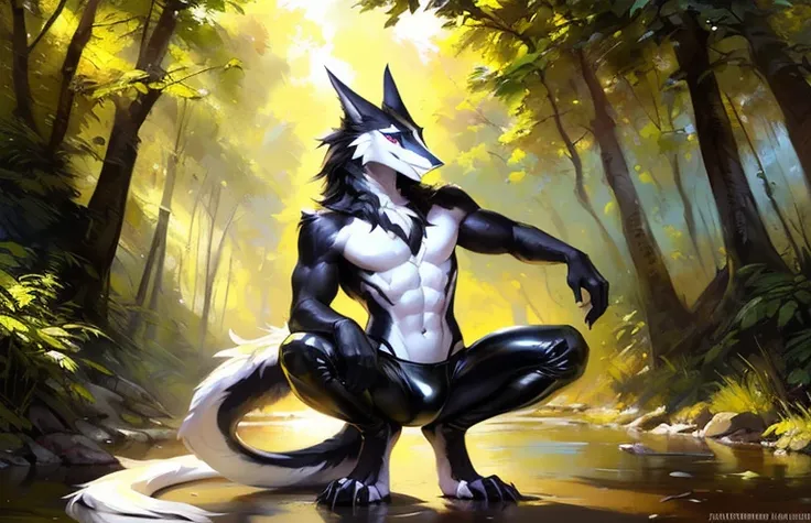 A solo sergal squatting in a all black latex thong (bulge) in a angelic style, with white slime dripping from his wet body(very elegant) ((male)) (muscles)((black and white)) ((male) (anthro) ([sergal])), hi res, photo-realism, soft shading, (detailed fur:...