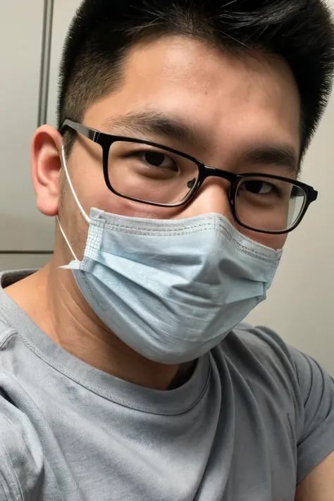 Close up, andrew thomas huang, oval face, eyeglasses, neat muscular body, sitting, grey shirt, selfie wearing medical mask