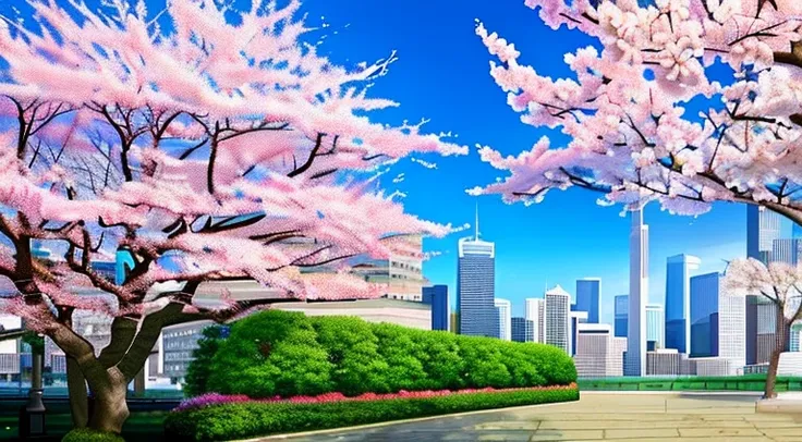 Scenery , City , ,Skyscrapers , Garden ,Sakura Tree , Sakura Leaves Floating , Spring , Wind , Cloud , Sky , Day