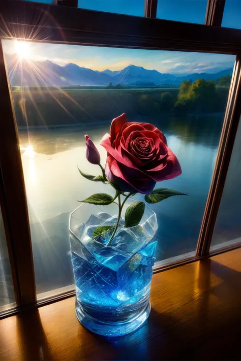 Sunlight through the crystal glass on the seaside, With mountains as a backdrop, Conventional classical special-shaped glass, Open from above, hereinafter, Next to the glass, this is a red rose, High quality realistic photography