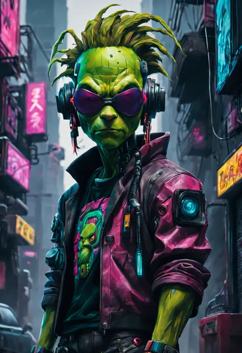 aesthetic, figurative, style mix of acrylic painting, watercolor, oil painting, photography, digital art, brush strokes, a (((cyberpunk))) Grinch, highly detailed ,cybernetics, full body, ultra detailed, very intricate, low poly, abstract surreal,  niji st...