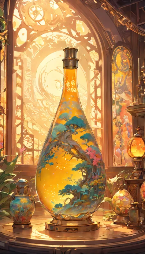 Colorful steampunk transparent landscape embroidery color ink pattern porcelain bottle front panoramic view，The style of Jingdezhen porcelain,Colorful mechanical parts are embossed on the bottle，The body of the bottle is wrapped with gold wire，Colorful gla...