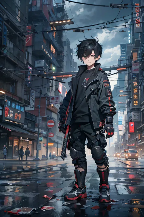 1boy,a 13 yo boy、Cyberpunk Boy、Black attire、katanas,machine gun、Spiky hairstyle、Whole body bloody、The beginning of the adventure、Lots of clouds,heavy fog、Chaotic city of the future、ruined and devastated city、dystopian、A very complex group of buildings stan...