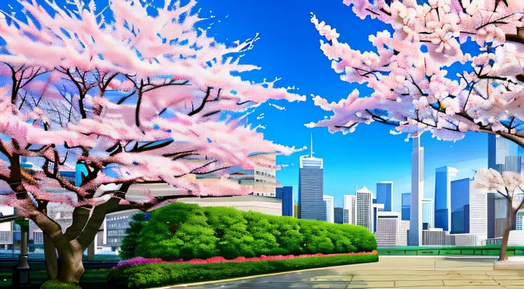 Scenery , City , ,Skyscrapers , Garden ,Sakura Tree , Sakura Leaves Floating , Spring , Wind , Cloud , Sky , Day