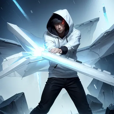 masterpiece, a man wearing a white hoodie and holding an ice element sword in his left hand and he has red eyes, the atmosphere ...