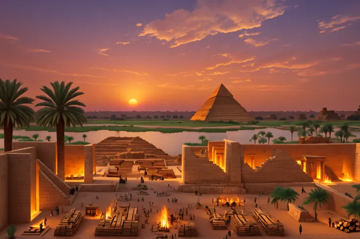 A scene of architecture in the Pharaonic era in front of the Nile near sunset, illuminated using firewood and palm trees, the huge buildings of the masters, the huge temples, and a royal procession of Queen Hatshepsut passing through the Nile. --auto --s2