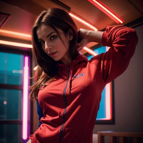 Lucile Liudmyla in a red lit room, wearing a neon red hoodie, red and blue, neon edges on bottom of body, some red and blue, red  neon, red and pink, with neon lights, red  and blue, red  neon, wearing a red sweatsuit, blacklight aesthetic, Professional Wh...