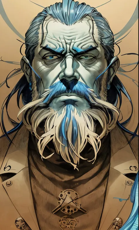 portrait of a man of the XVIIIs century, blue beard,unhappy face, pencil design, drawing by Sergio Toppi