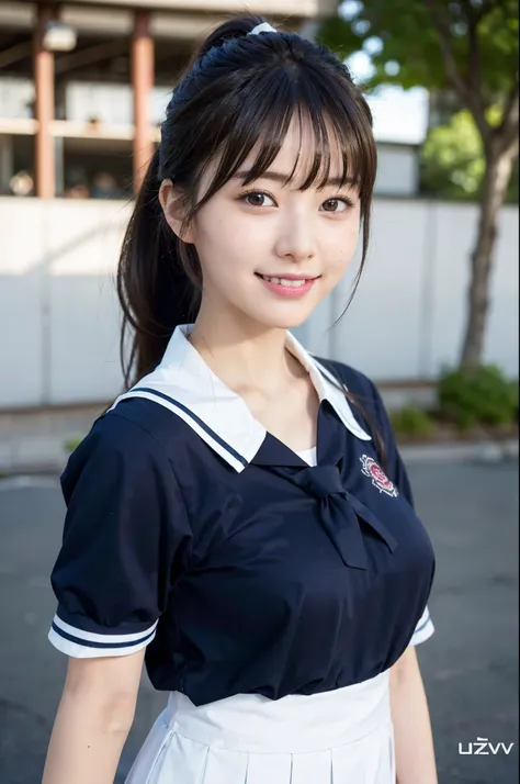 waving, slender legs, ponytail, unparalleled beauty, cute face, best smile, cute smile, frontal, slender, straight hair, school, ulzzang-6500-v1.1, (raw photo: 1.2), (photorealistic: 1.4), beautiful detailed girl, very detailed eyes and face, beautiful det...