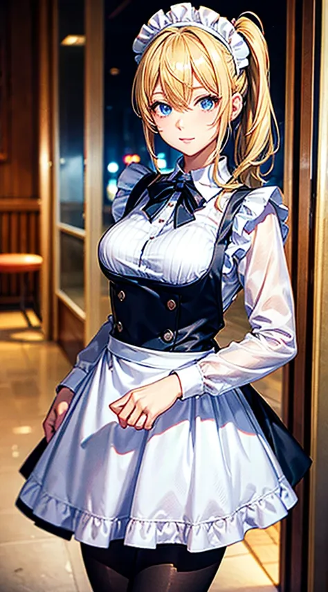 (masterpeace, best quality2.0),(ultrahighquality realistic detailed 3.0), highres, 1girl, hayasaka ai, solo, blonde hair, maid, blue eyes, side ponytail, hair scrunchie, hair ornament, blue scrunchie, maid headdress, apron, hair between eyes, breasts, long...