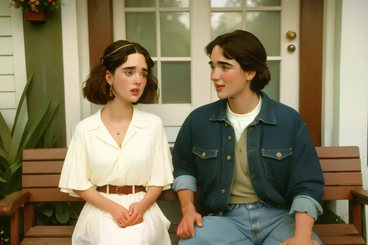 1995, Berkshire County, Massachusetts. Pre-raphaelite ((((43-year-old)) Jennifer Connelly)), with a man, front porch bench, ((happiness expression)), ((((casual Clothing from the 1990s)))), ((short bob Hairstyle of the 1990s)), ((Wes Anderson cinematic sty...