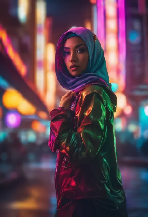 Capture the intensity of a magical battle within 2 Malay girl in hijab. Freeze the moment as she wields powerful spells or martial arts moves against mystical adversaries. Utilize dynamic angles and fast shutter speed to convey the action, 35mm, over-the-s...