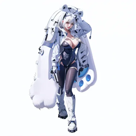 a woman in a white coat and a white cape walking, fully robotic!! catgirl, from the azur lane videogame, twintails white_gloves, digital art from danganronpa, azur lane style, sfw version, ( ( character concept art ) ), white cat girl, characters from azur...