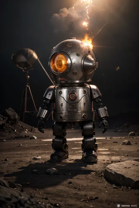 A crazy toy with a big one A Soviet one-eyed robot from CCCP, y casco Estilo, Pinzas en las manos, Cabeza de TV, cabeza de alfiler, camuflaje Oro Plata Rosa Oxidado, Atmosphere in the crater of a super-detailed meteorite, centro, Beautiful, Soft lighting, ...