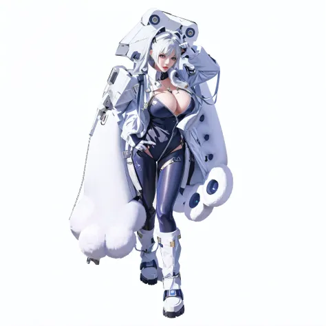 a woman in a white coat and a white cape walking, fully robotic!! catgirl, from the azur lane videogame, twintails white_gloves, digital art from danganronpa, azur lane style, sfw version, ( ( character concept art ) ), white cat girl, characters from azur...