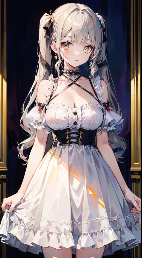 (top-quality、​masterpiece、high-level image quality、Super delicate)、((a beauty girl))、(smooth dull gray hair)、(curly twintails, Long bangs)、(Braided hair)Yellow eyes like a brilliant sunset、a choker、Moderately large breasts、((Versailles dress with cute fril...