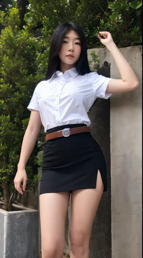 girl, asian, white_shirt, short sleeves, black_skirt, shirt_tucked_in, belt, standing, transparent clothes