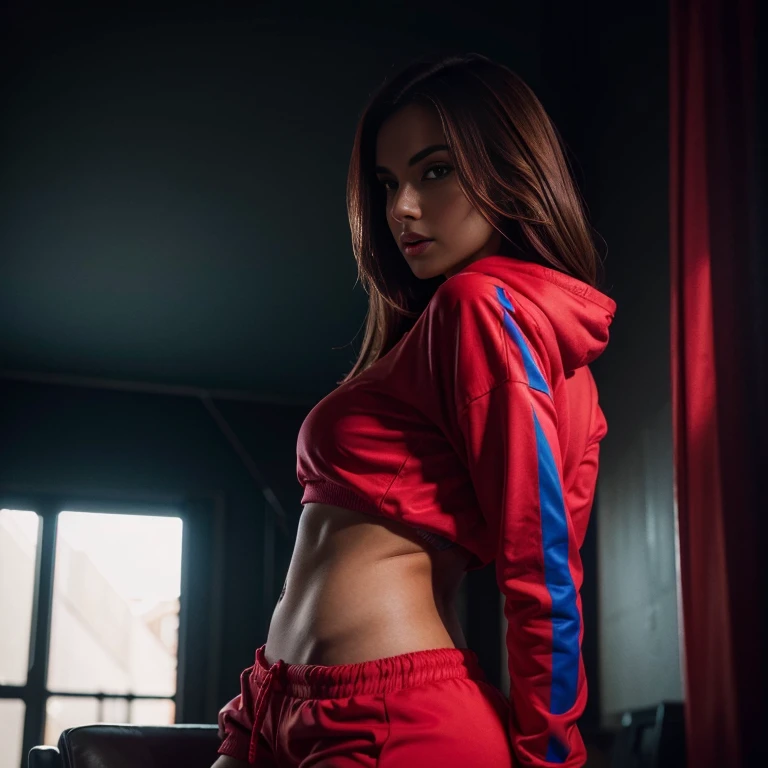 Lucile Liudmyla in a red lit room, wearing a neon red hoodie, red and blue, neon edges on bottom of body, some red and blue, red  neon, red and pink, with neon lights, red  and blue, red  neon, wearing a red sweatsuit, blacklight aesthetic, Professional Wh...